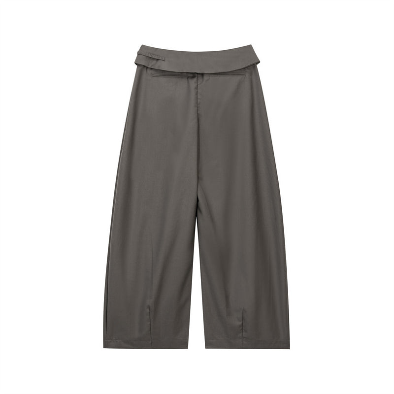 Wide-Leg Pleated Trousers with Fold-Over Waist & Drawstring