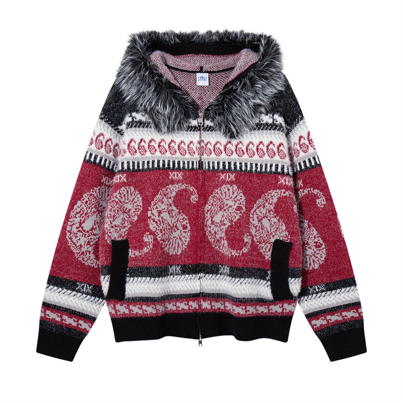 Jacquard-Strick-Cardigan mit Reißverschluss, Kapuze und Kunstfellkragen