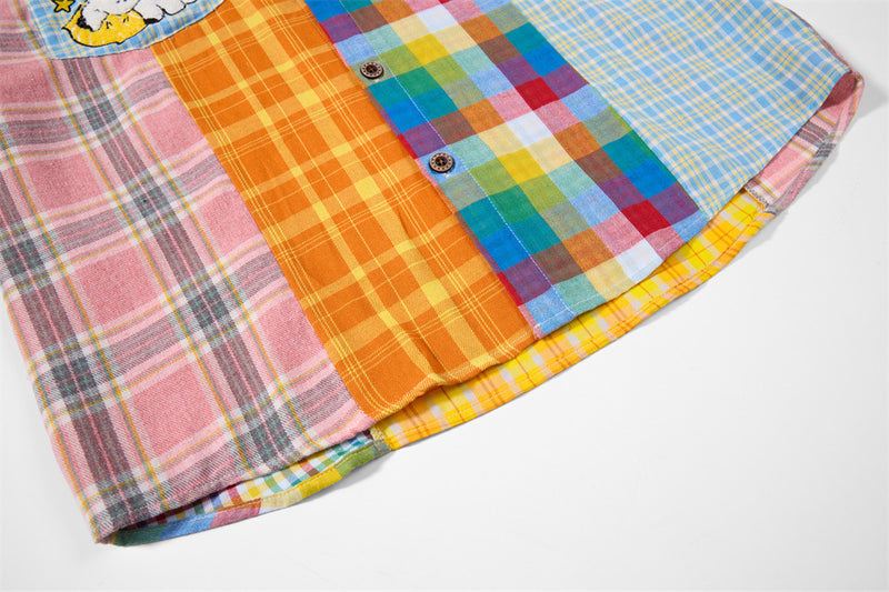 Patchwork Plaid Long Sleeve Shirt with Cartoon Puppy Embroidery — Oversized