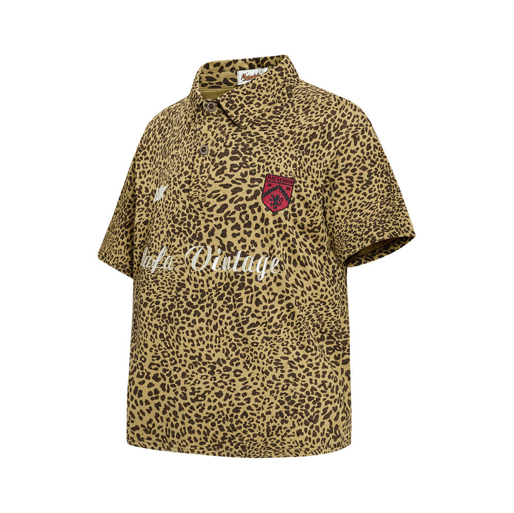 Mafa Vintage Leopard Print Short Sleeve Polo Shirt