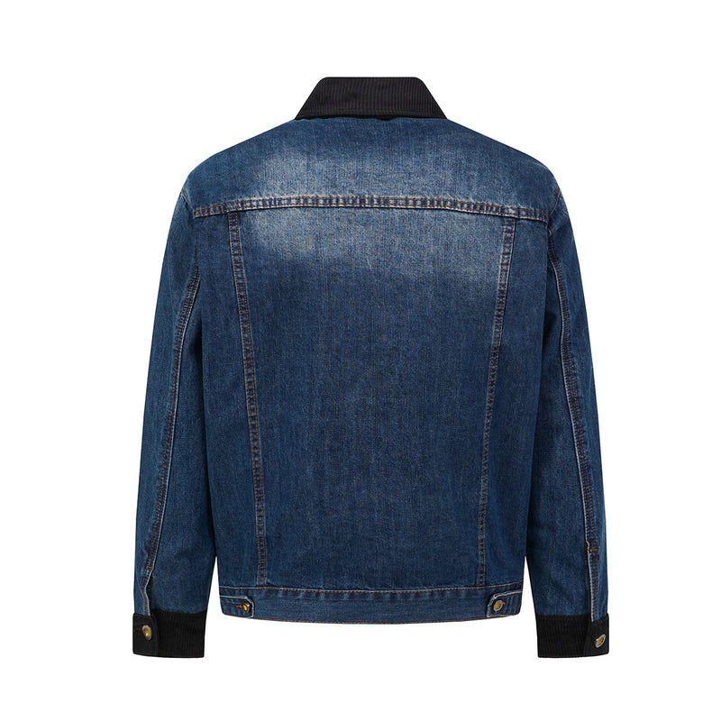 Veste en jean homme délavée avec col et poignets en velours côtelé