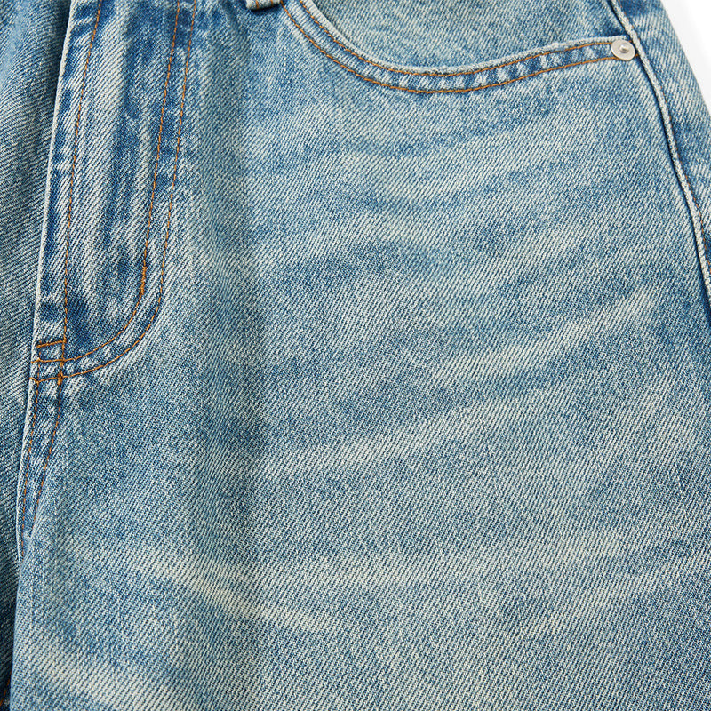 Men's Straight Fit Jeans Baggy Wide-Leg Washed Vintage Light Blue Denim