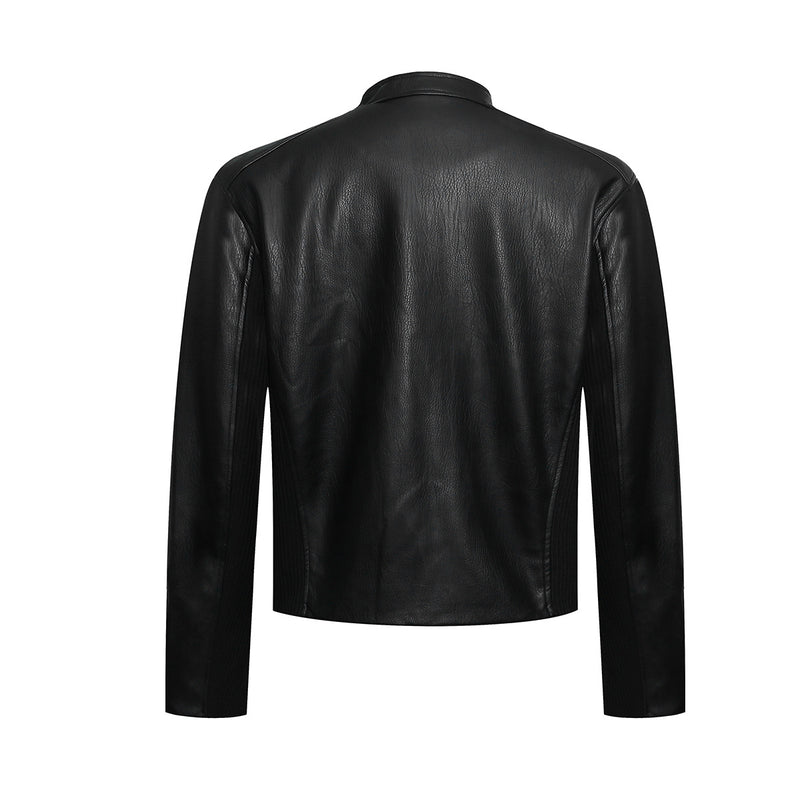 Veste motard noire en similicuir déconstruite – Coupe biker courte à bords-côtes