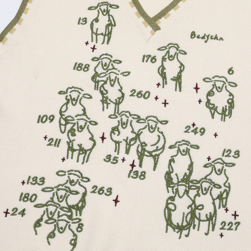 V-Neck Knit Sweater Vest with Sheep Jacquard Graphic — Retro College Style
