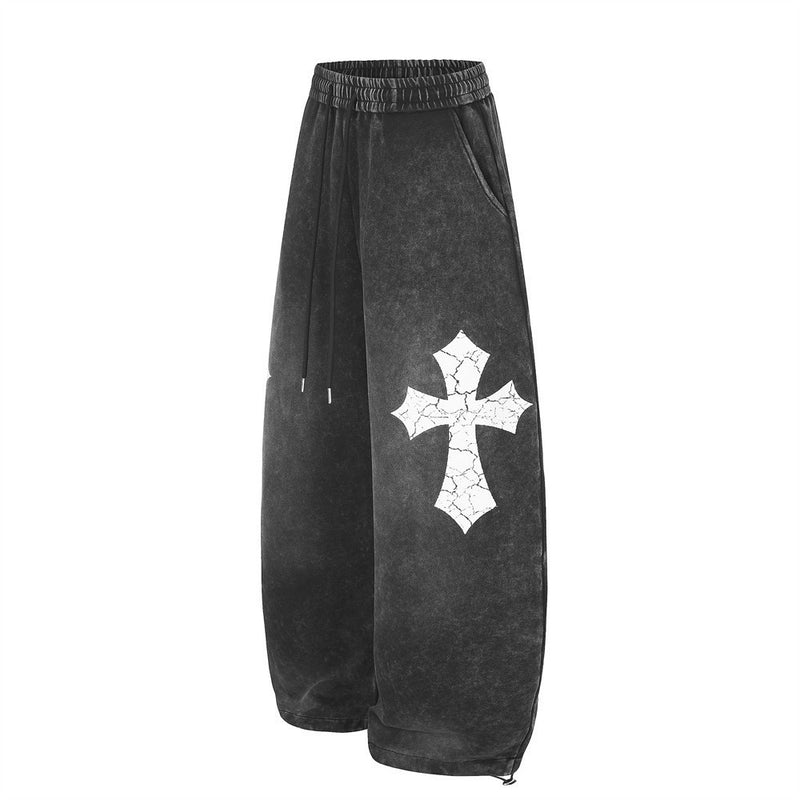 Wide-Leg-Sweathose mit Gothic-Kreuzprint – Acid-Wash-Oversize-Streetwear-Hose