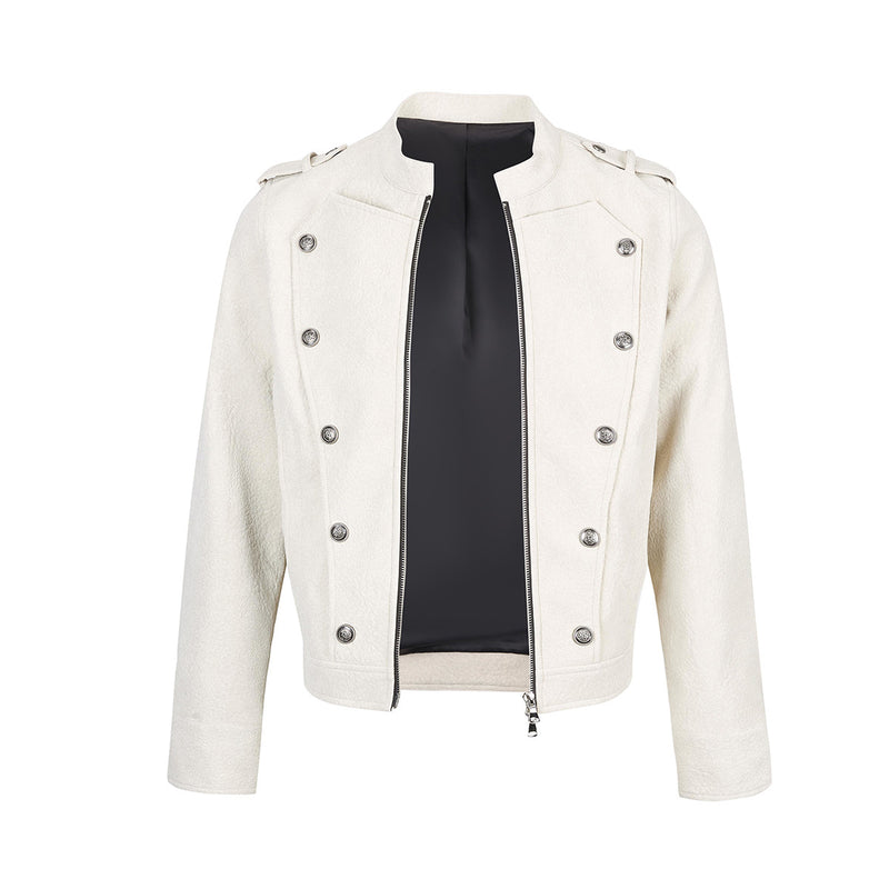 Military-Style Faux Leather Jacket with Double-Breasted Buttons & Zip Front