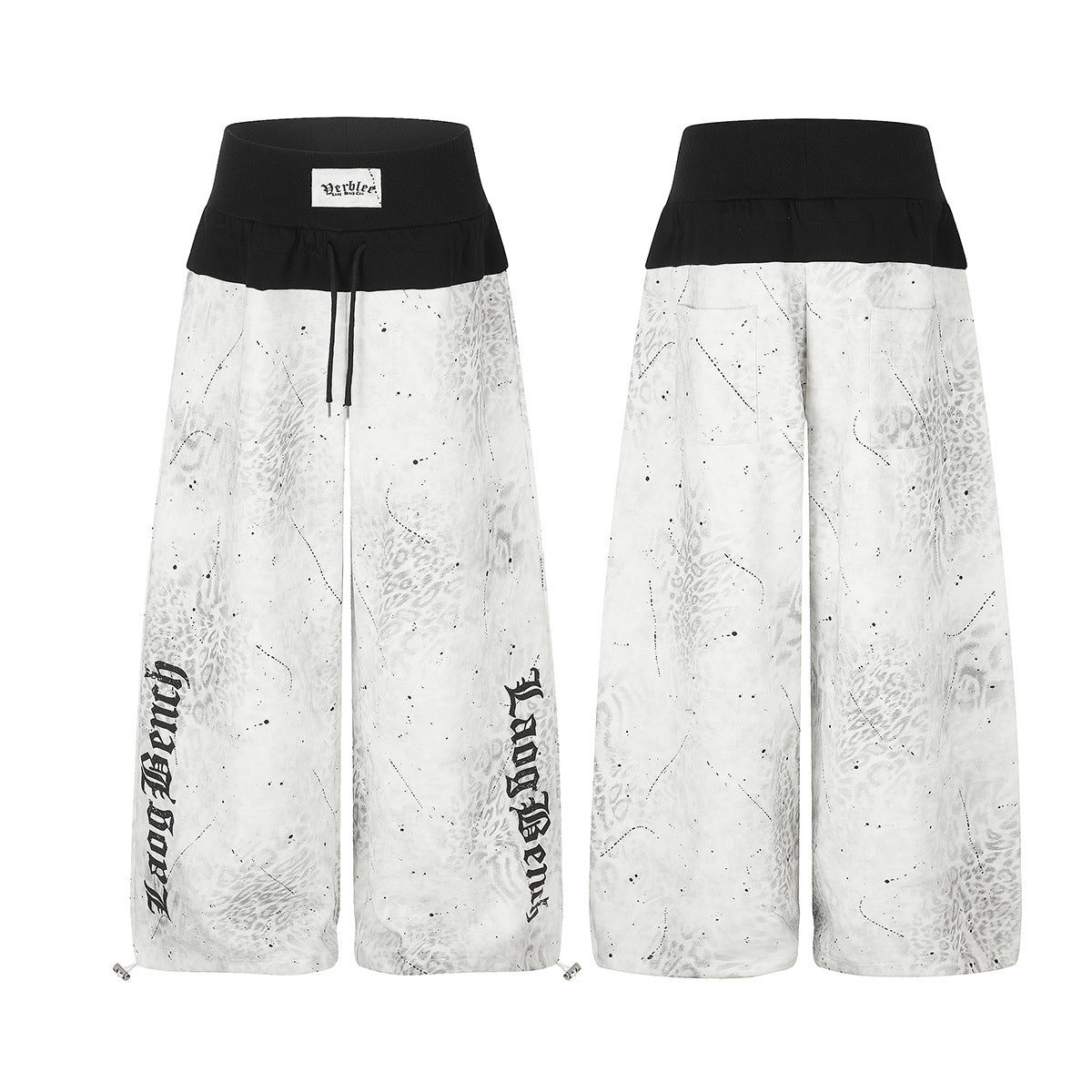 Wide-leg baggy pants in white with tonal leopard print, paint splatter, gothic script leg print, and contrast black waistband