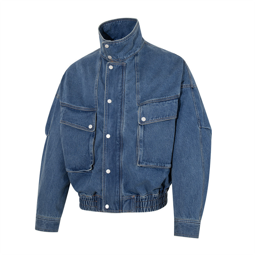 Veste bomber cargo oversize en denim pour homme – Col montant, grandes poches plaquées