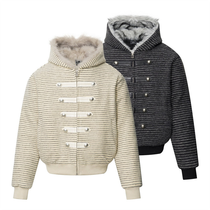 Striped Faux-Fur Hood Bomber Jacket – Double-Breasted Oversized Winter Coat