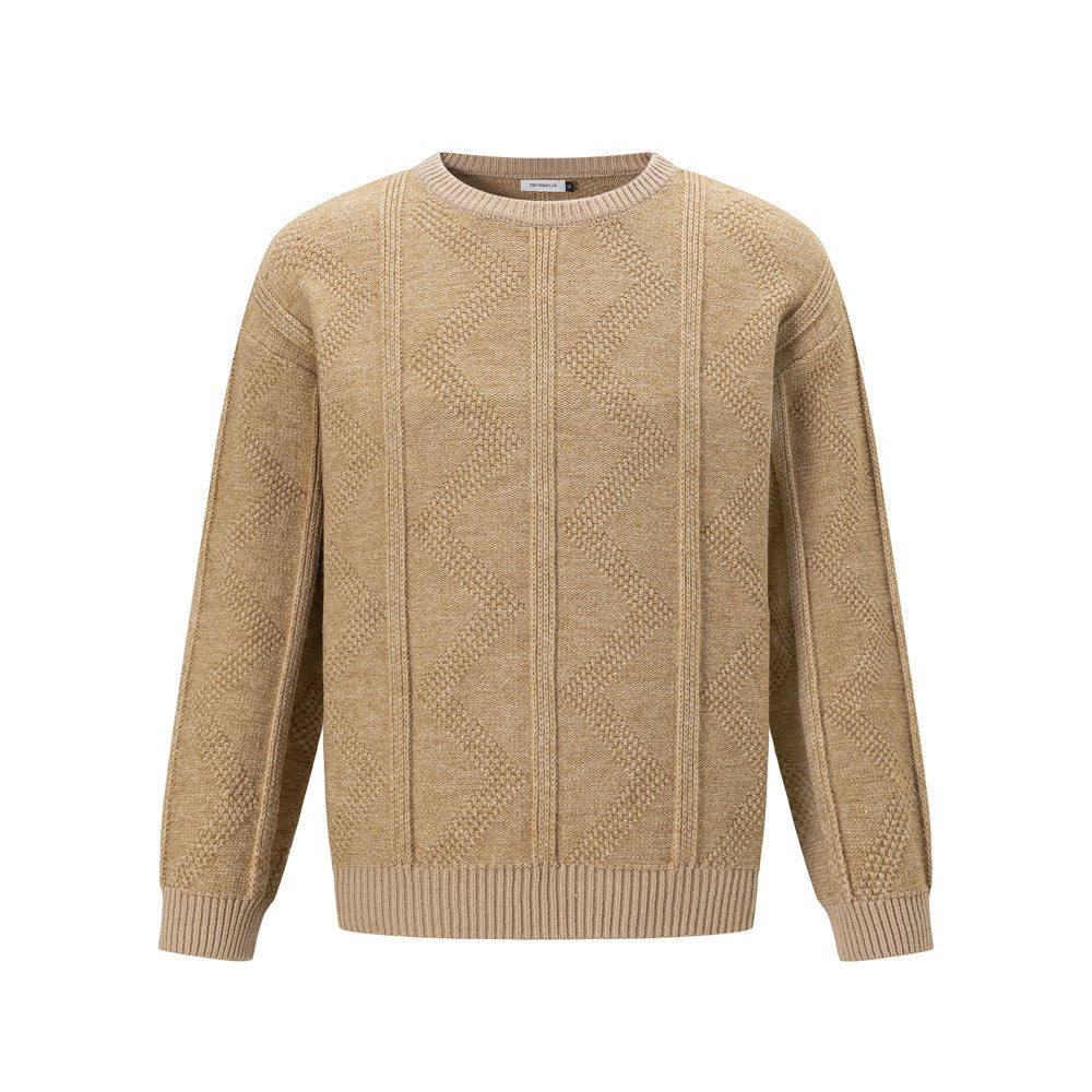 Men's relaxed-fit crewneck pullover sweater with diamond cable knit texture in heather camel