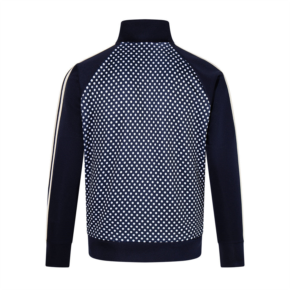 Chaqueta deportiva de hombre con lunares: azul marino con cremallera y bandas en las mangas