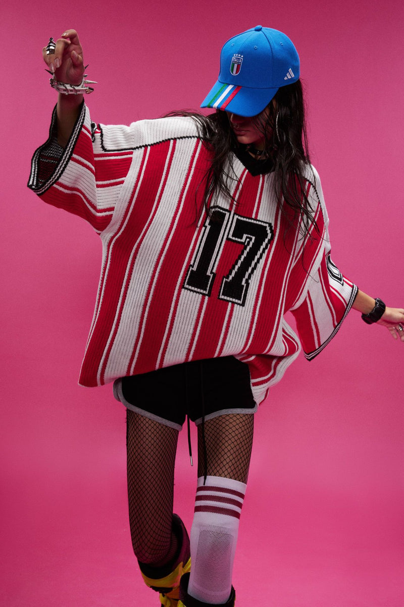 Red and White Striped V-Neck Sweater – Number 17 Oversized Knit Sports Jersey
