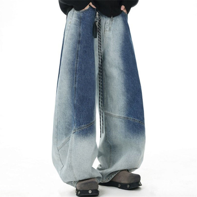 Wide-Leg Gradient Washed Jeans – Deconstructed Curved Seam Baggy Denim