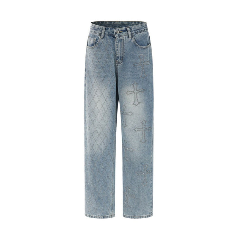 Light blue wide-leg jeans front view with argyle panel and cross details