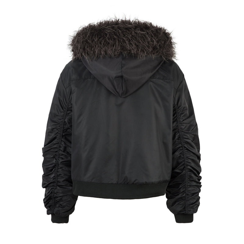 Padded Bomber Jacket with Detachable Faux Fur Hood & Ruched Sleeves in Black