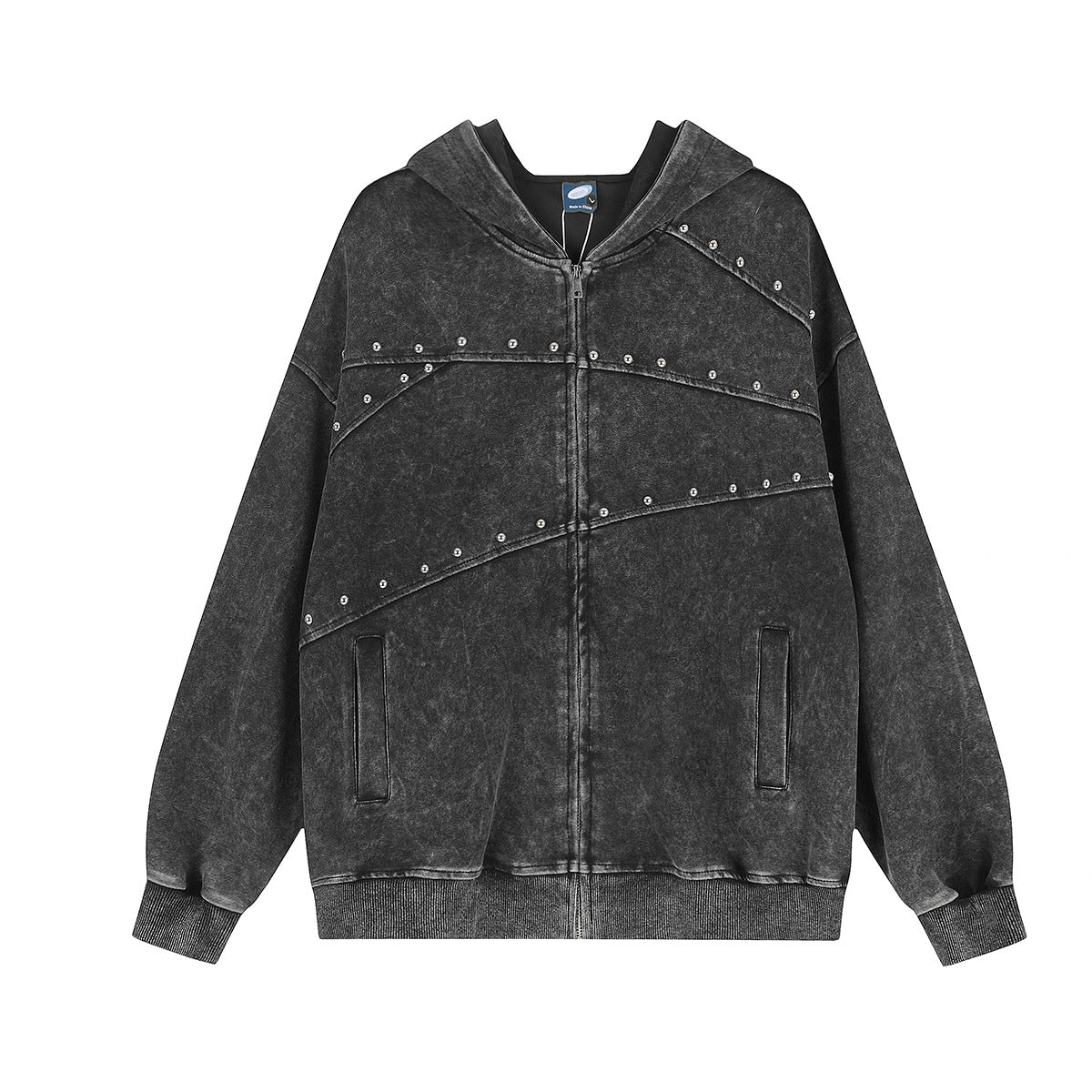 Oversized-Streetwear-Hoodie mit Reißverschluss und silbernen Nieten an den Teilungsnähten in Anthrazit mit Acid-Wash-Effekt, Vorderansicht
