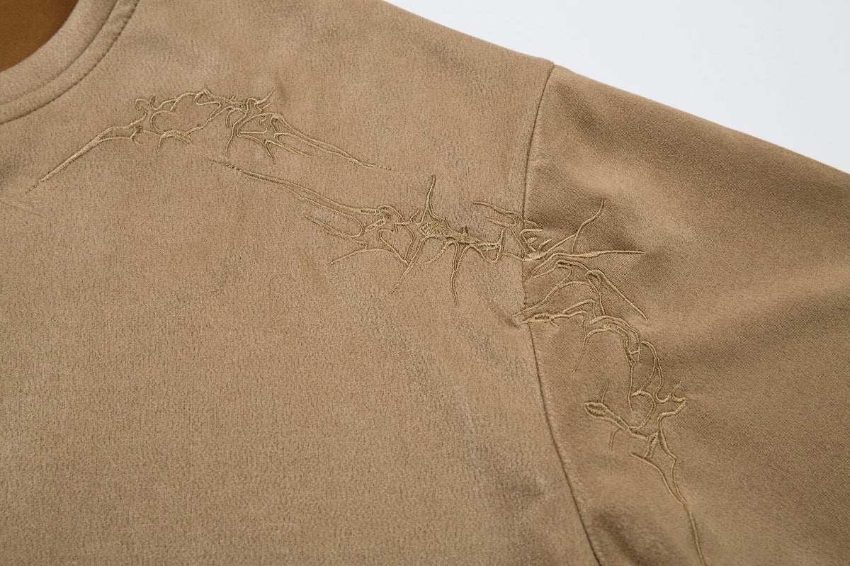 Men's Oversized Suede-Finish Thorn Embroidery Short Sleeve T-Shirt