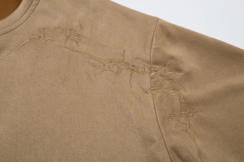 Men's Oversized Suede-Finish Thorn Embroidery Short Sleeve T-Shirt