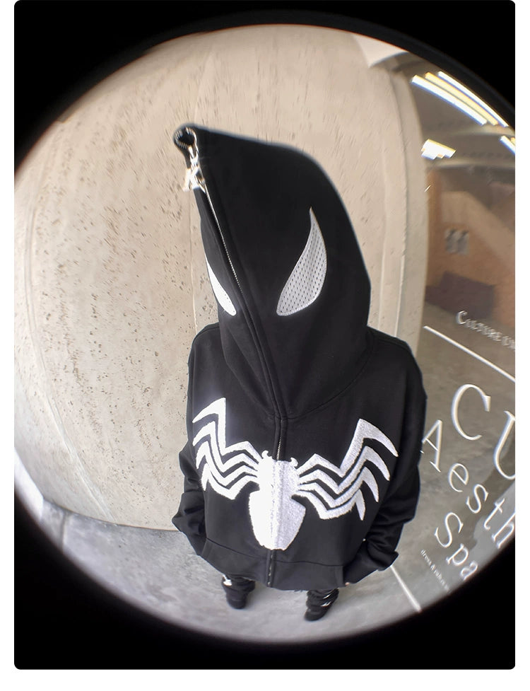 Venom Spider Hoodie - 400GSM Oversized Black and White Zip-Up Sweatshirt for Superhero Fans