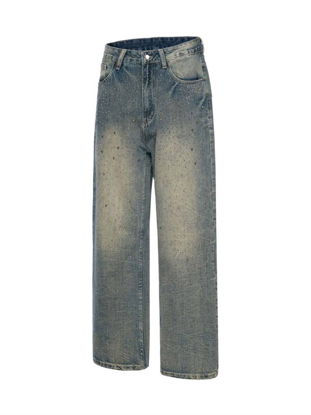 Wide-Leg Jeans Men – Vintage Wash Rhinestone Straight-Fit Denim