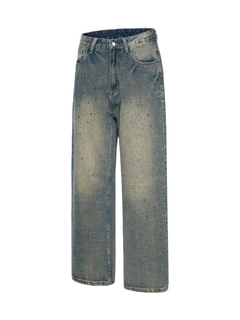 Wide-Leg Jeans Men – Vintage Wash Rhinestone Straight-Fit Denim