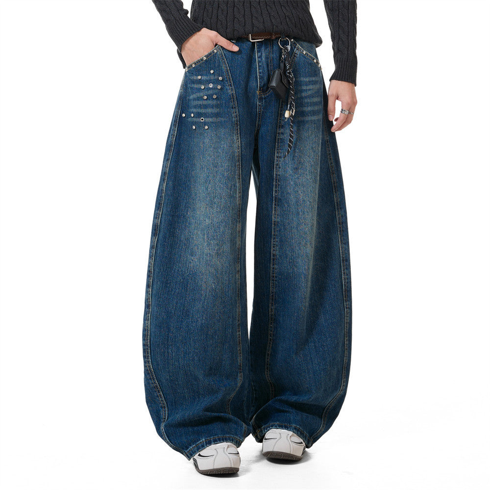 Men's Baggy Black Jeans Wide-Leg Rivet Punk Washed Denim Pants