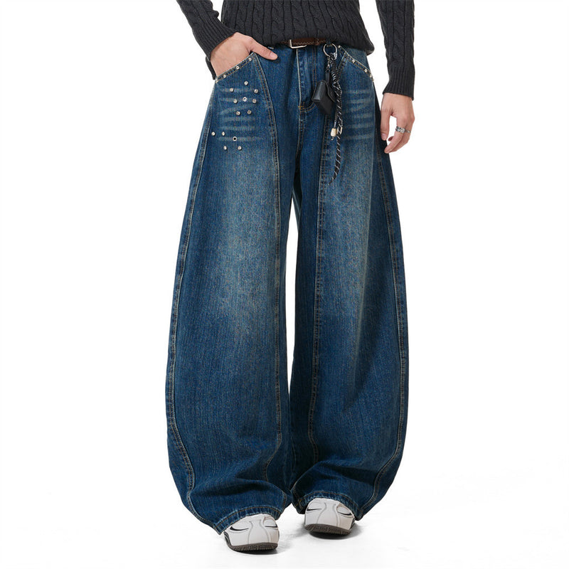 Men's Baggy Black Jeans Wide-Leg Rivet Punk Washed Denim Pants