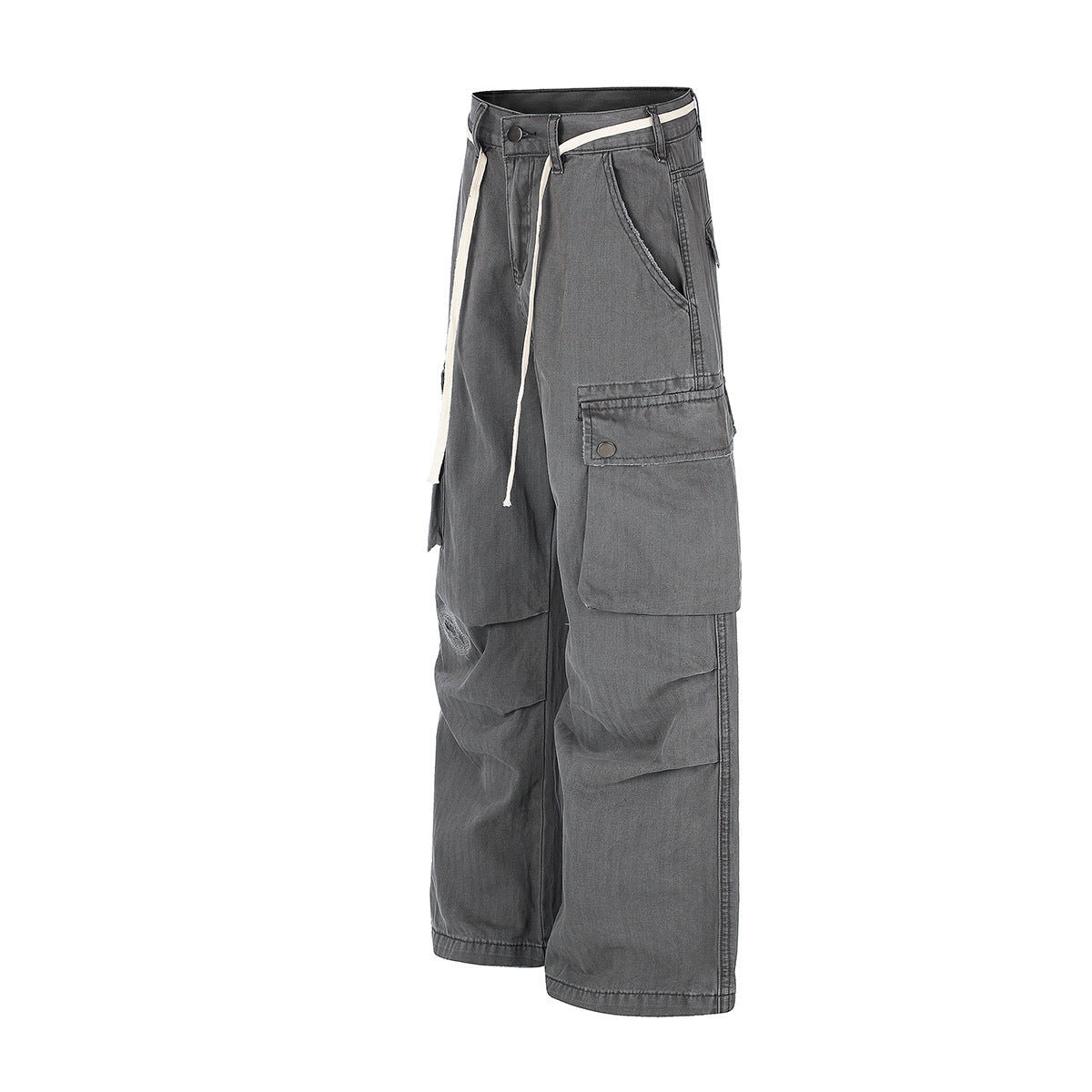 Wide-Legged Cargo Pants – Charcoal Grey Multi-Pocket Straight Leg