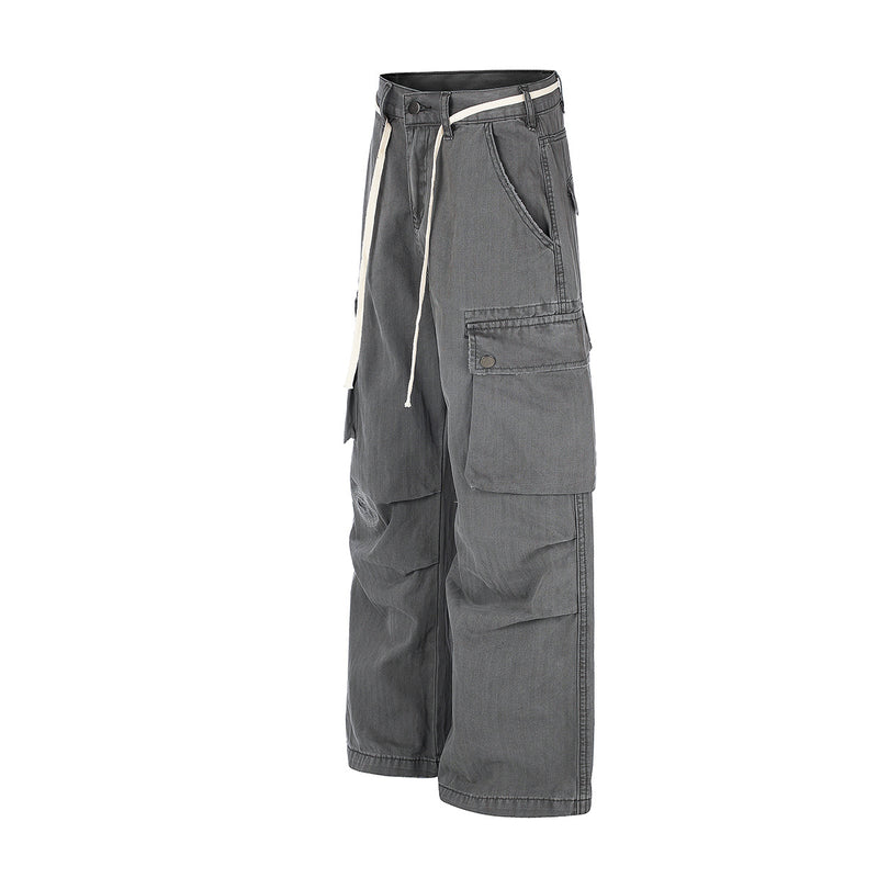 Wide-Legged Cargo Pants – Charcoal Grey Multi-Pocket Straight Leg