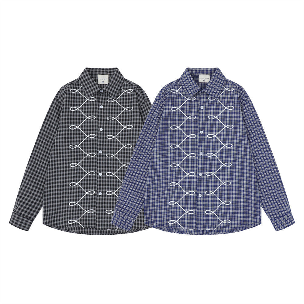 Men's relaxed-fit plaid long sleeve button-down shirt with white rope loop embroidery on front, shown in charcoal black and n