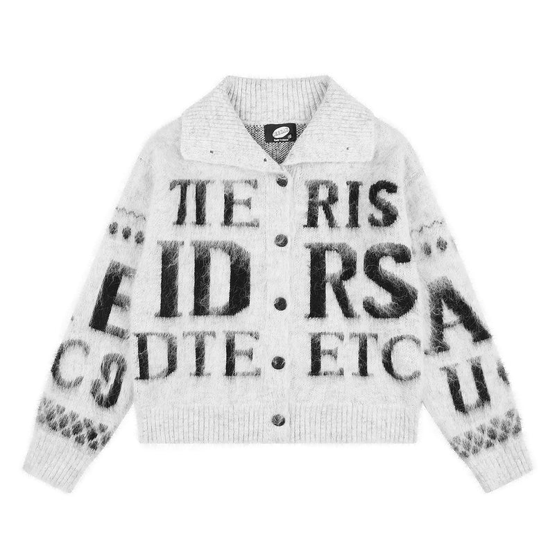 Fuzzy letter jacquard knit cardigan sweater with wide lapel collar and snap buttons in light grey, mustard yellow, and black