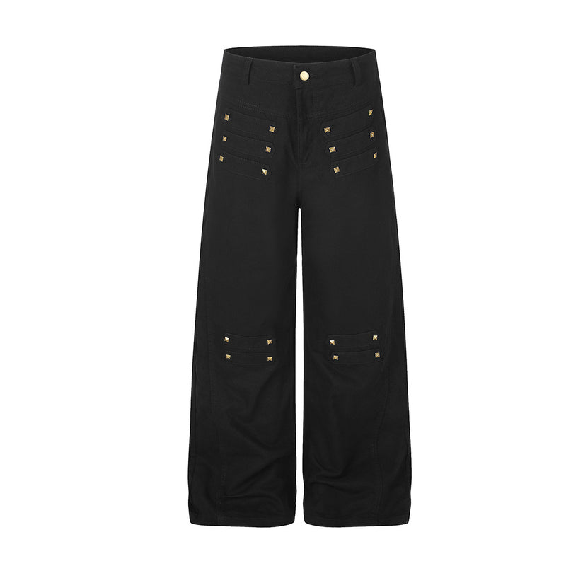 Wide-Leg Studded Denim Pants – Relaxed Fit Vintage American Street Style