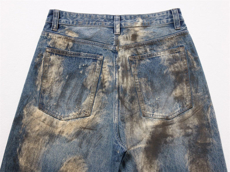 Wide-Leg Distressed Jeans – Dirty Wash Tie-Dye Ripped Denim, Relaxed Fit