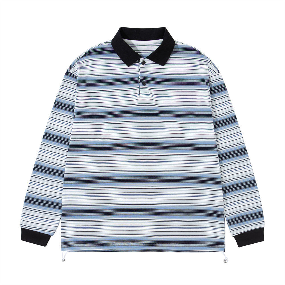 Men's oversized long-sleeve striped polo shirt with contrast black collar and drawstring hem in blue stripe colorway