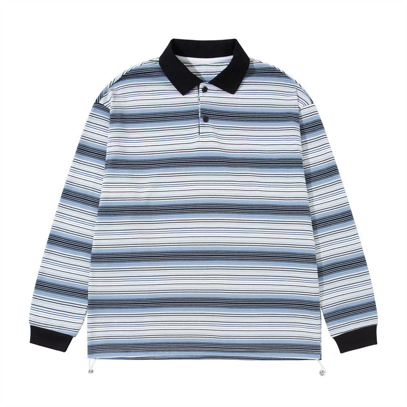 Men's oversized long-sleeve striped polo shirt with contrast black collar and drawstring hem in blue stripe colorway