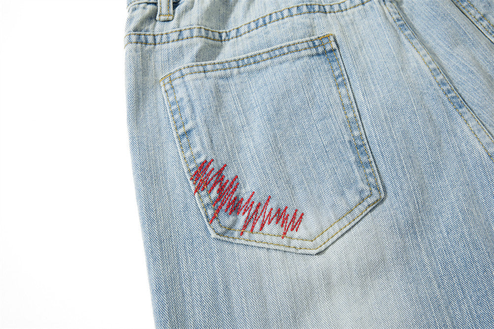 Wide-Leg Washed Denim Jeans with Cross Star Embroidery & Rhinestone Pocket