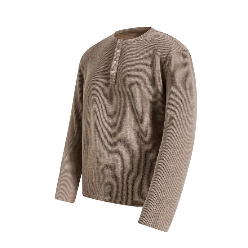 Men's Waffle Knit Henley Long Sleeve Shirt – Relaxed Fit Ribbed Tee