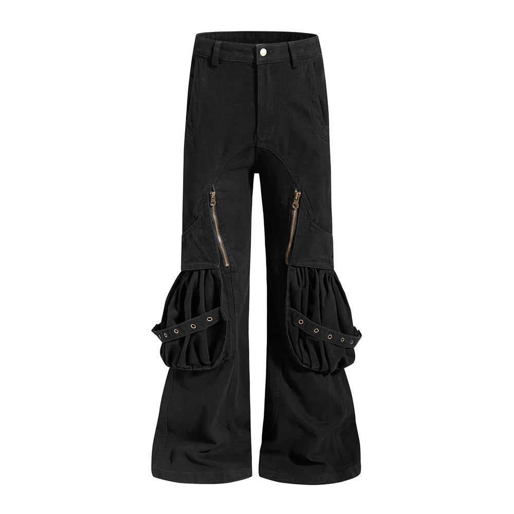 Men's deconstructed flare cargo pants with ruched balloon pockets and diagonal zip detail in washed black and coffee brown