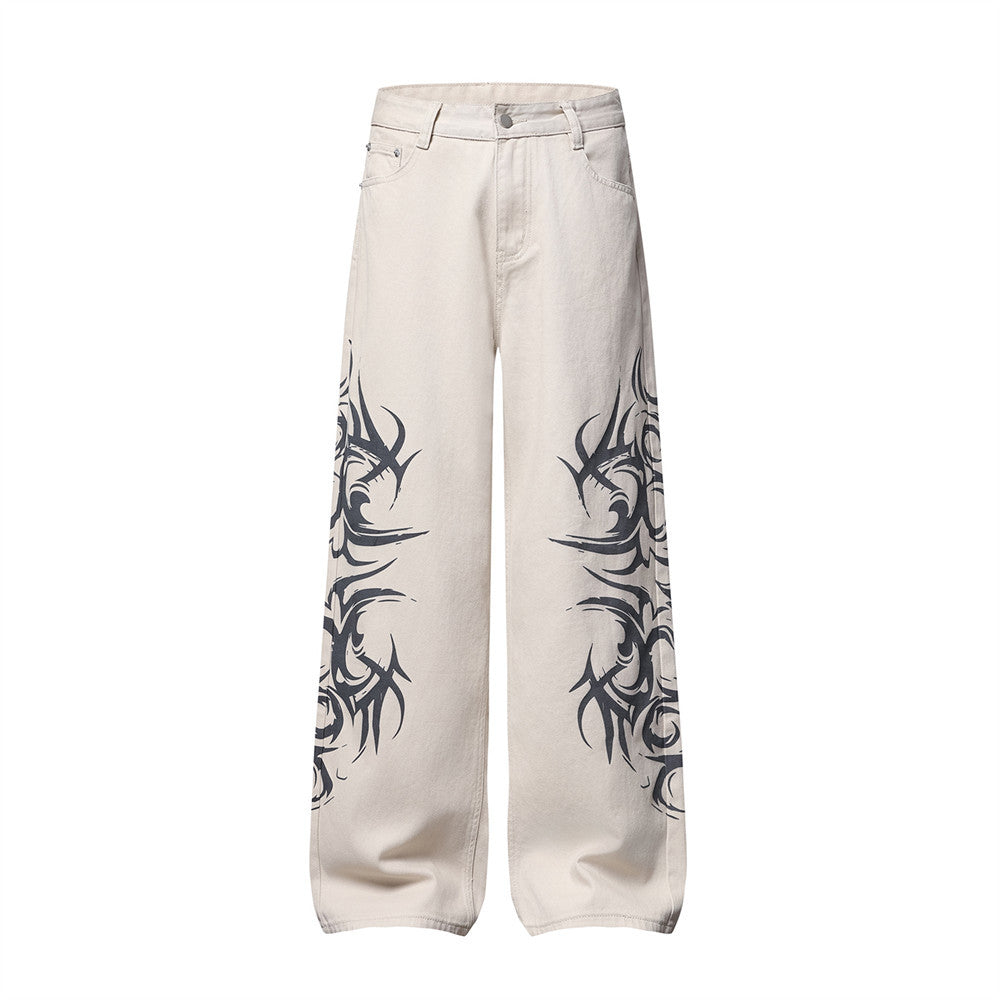 Tribal Print Wide-Leg Jeans – Men's Streetwear Straight Baggy Pants