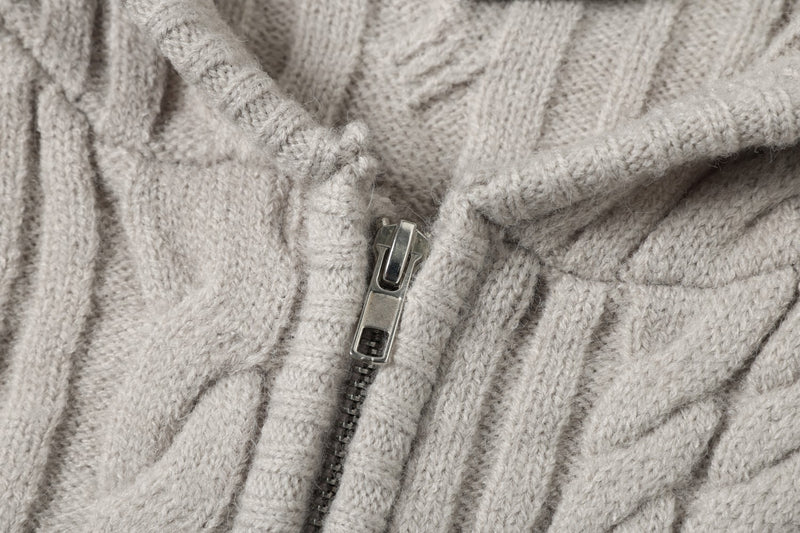 Cable Knit Zip-Up Hoodie Sweater – Irregular Twist Pattern Cardigan