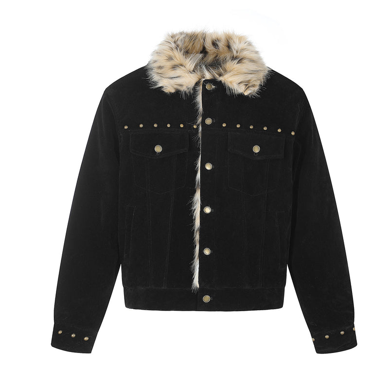 Faux Fur Collar Suede Jacket with Leopard Trim & Studs