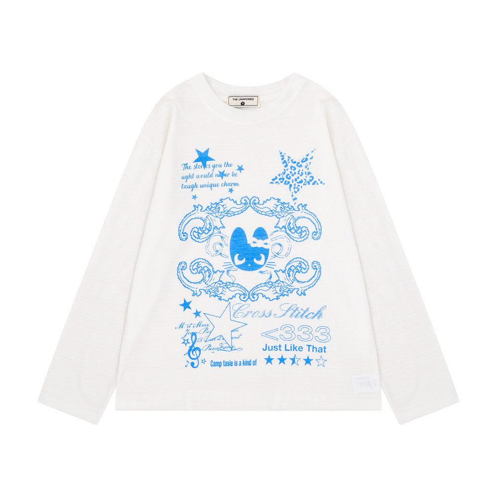 Oversized-Longsleeve in Weiß mit blauem Stern- und Cartoon-Katzenprint auf der Vorderseite