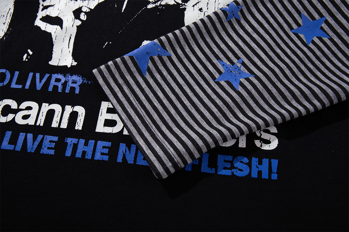 Long Sleeve Double-Layer Graphic Tee – Videodrome Rock Print with Striped Star