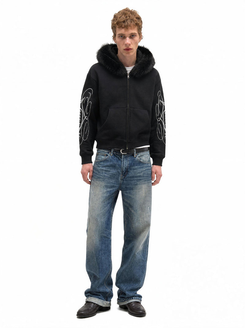 Sweat à capuche zippé avec bordure en fausse fourrure et imprimé script sur les manches