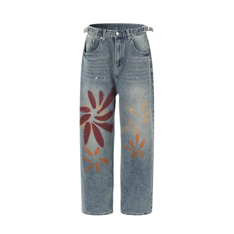 Men's Relaxed Fit Jeans with Floral Graffiti Print – Wide Leg Straight Denim
