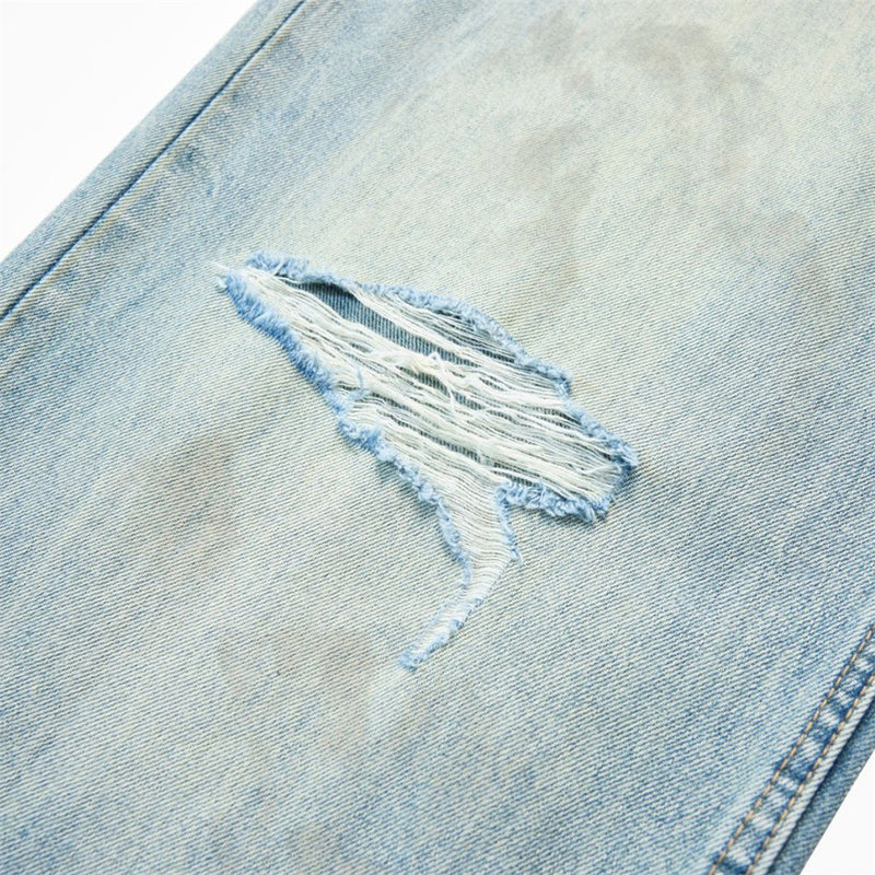 Wide-Leg Distressed Jeans – Light Wash Vintage Ripped Straight Denim