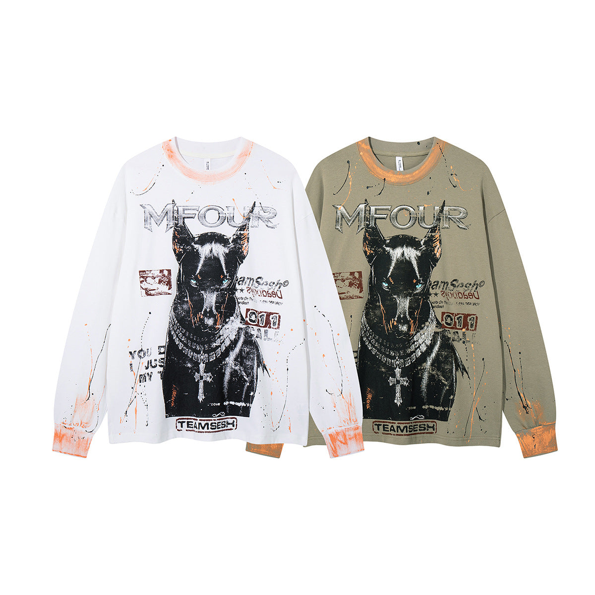 MFOUR Doberman Graphic Long Sleeve Shirt – Streetwear Paint Splatter Tee
