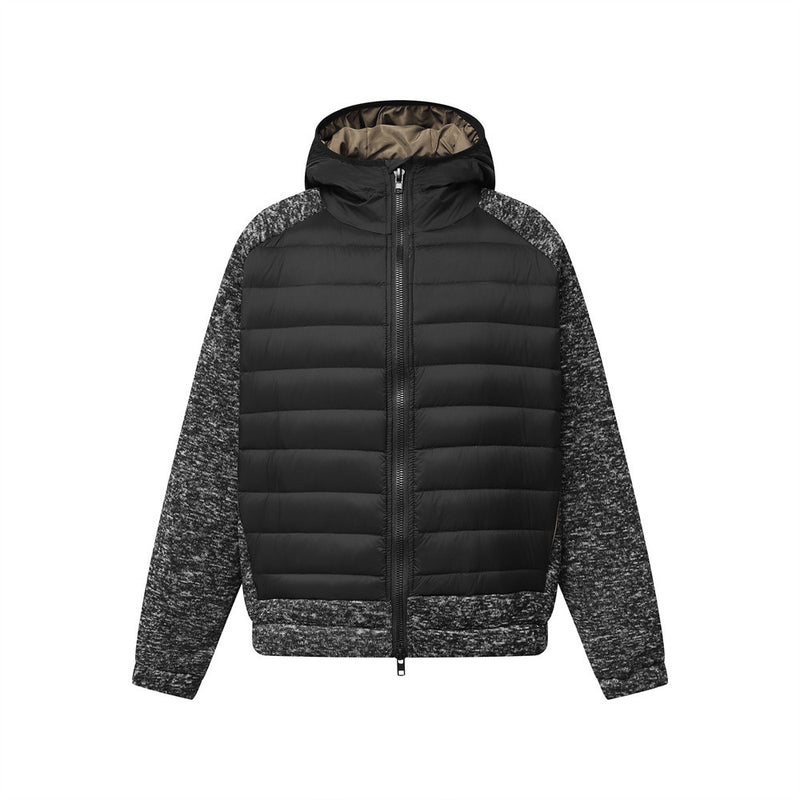 Graue Herren-Hybridjacke mit Kapuze, Reißverschluss und Steppoptik – Strickärmel
