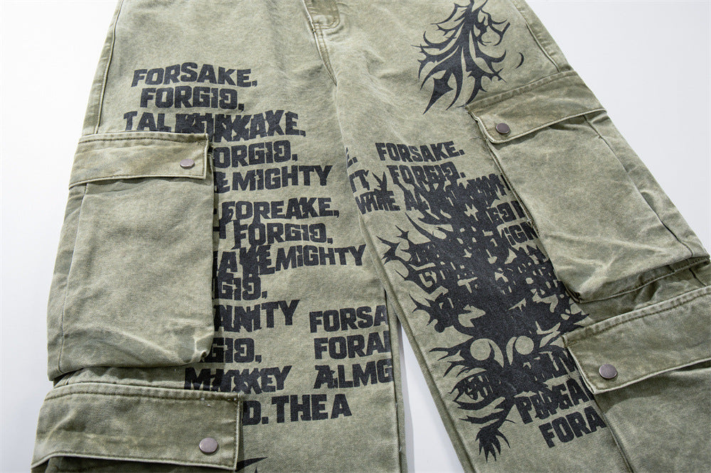 Wide-Leg Cargo Pants with Tribal Graphic & Letter Print – Acid Wash Army Green