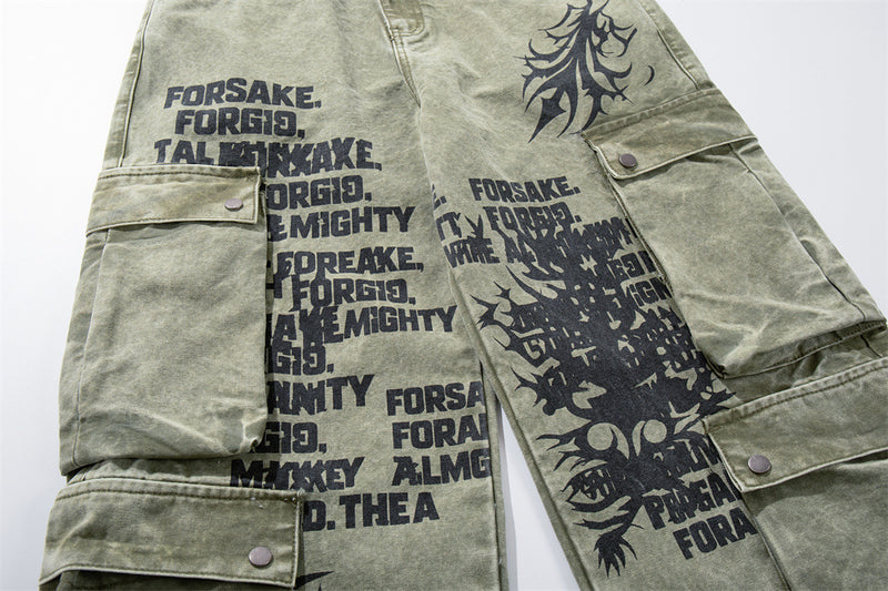 Wide-Leg Cargo Pants with Tribal Graphic & Letter Print – Acid Wash Army Green